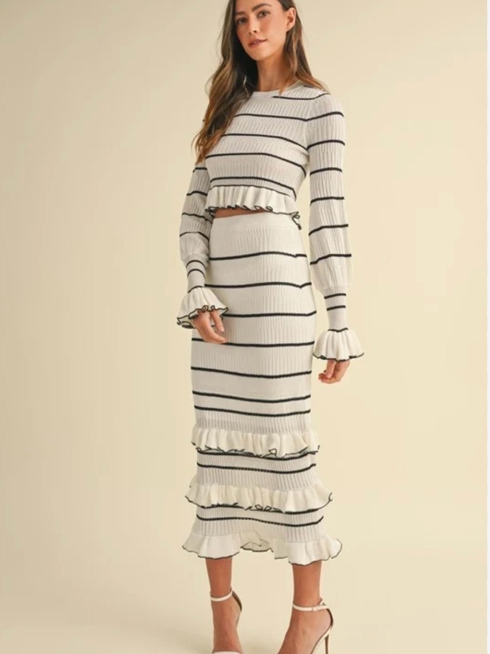 Stripe Knit Crop And Midi Skirt Set - Picture 2 of 3